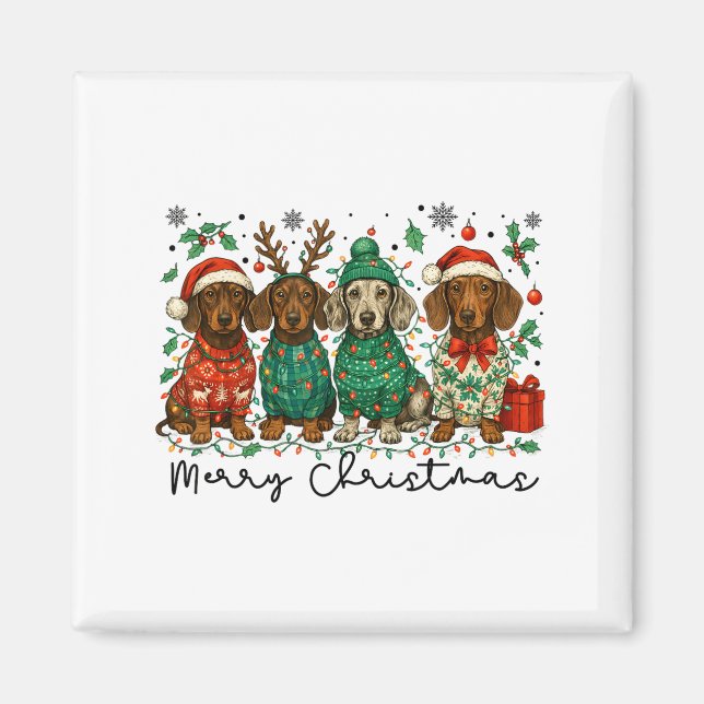 Imã Merry Christmas Dachshund Dog Retro Xmas Puppy Men (Frente)