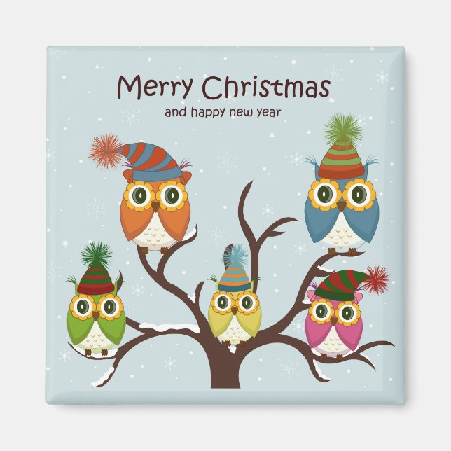 Imã Merry Christmas Owls no Tree Magnet (Frente)