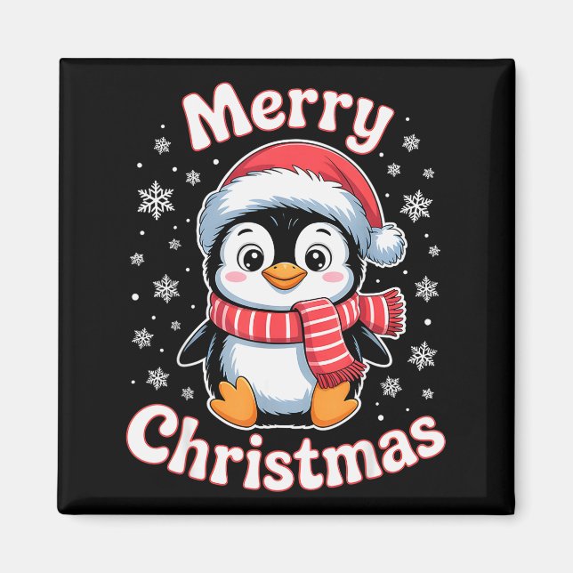 Imã Merry Christmas Penguin Cute Santa Hat Snowflake H (Frente)