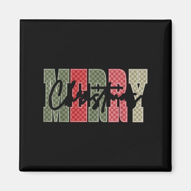 Imã Merry Christmas Red Green Plaid Checkered Xmas Gir (Frente)