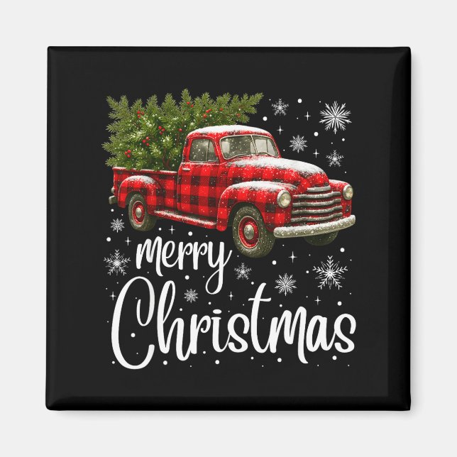Imã Merry Christmas Truck Buffalo Plaid Xmas Tree Men  (Frente)