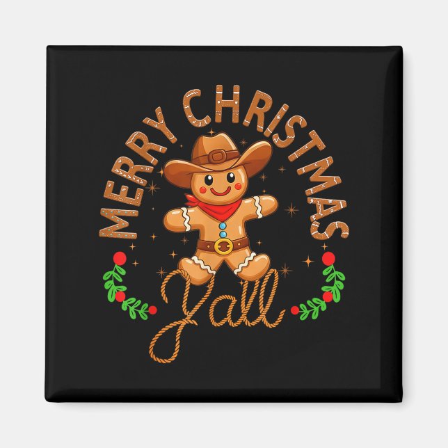 Imã Merry Christmas Yall Gingerbread Cowboy Howdy West (Frente)