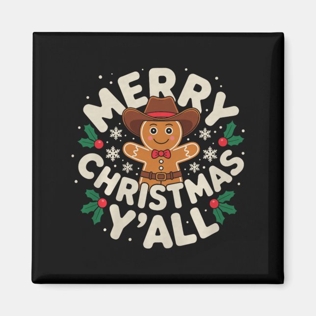 Imã Merry Christmas Yall Gingerbread Cowboy Howdy West (Frente)