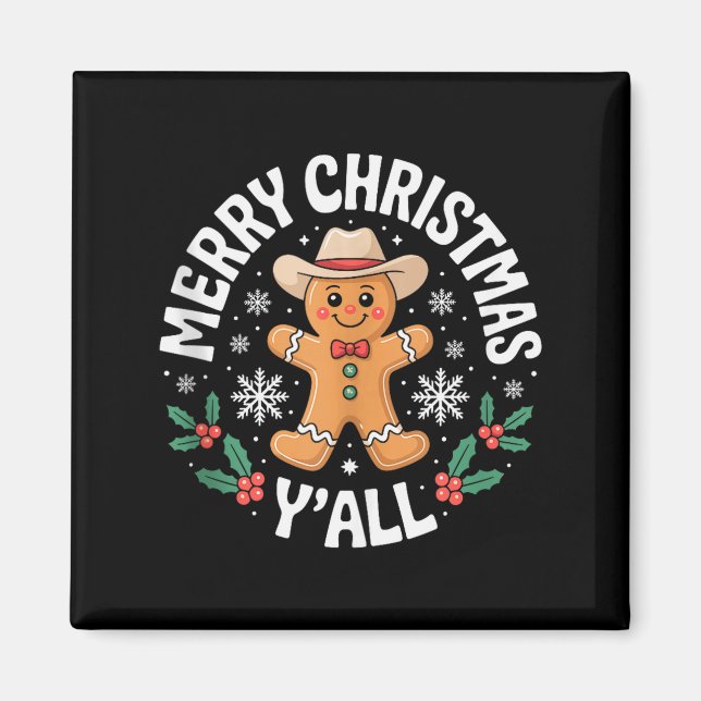 Imã Merry Christmas Yall Gingerbread Cowboy Howdy West (Frente)