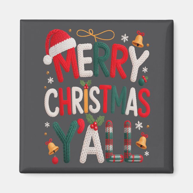 Imã Merry Christmas Y'all Santa Hat Crochet Knitting Q (Frente)
