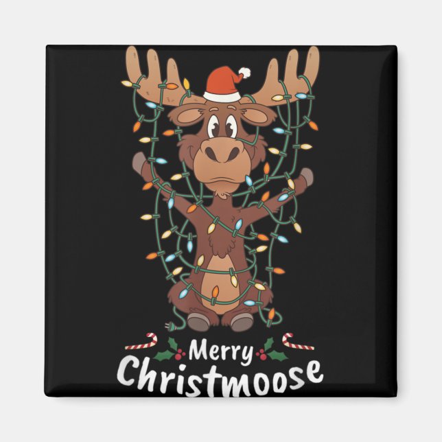 Imã Merry Christmoose Christmas Moose Xmas Tree Lights (Frente)