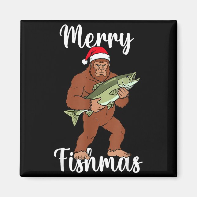 Imã Merry Fishmas Bigfoot Fishing Funny Sasquatch Sant (Frente)
