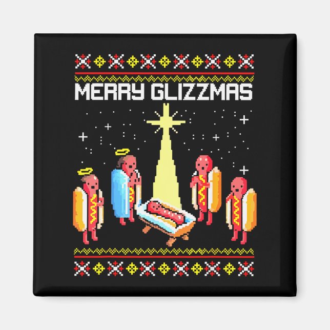 Imã Merry Glizzmas Tacky Funny Merry Christmas Hotdogs (Frente)