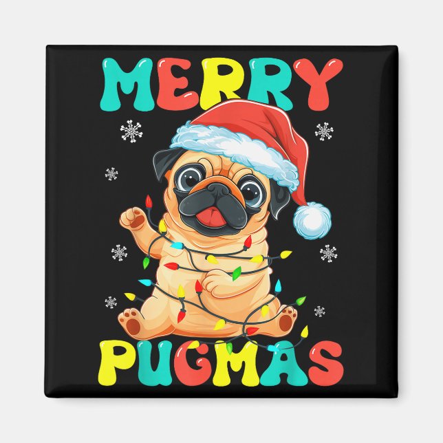 Imã Merry Pugmas Pug Christmas Santa Pug Xmas Lights D (Frente)