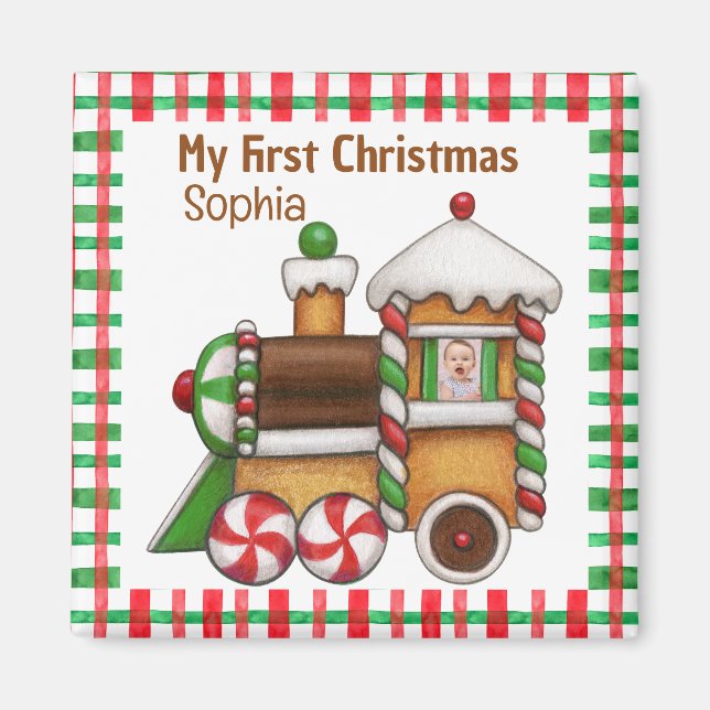 Imã Meu primeiro nome personalizado de Natal é um trem (Frente)