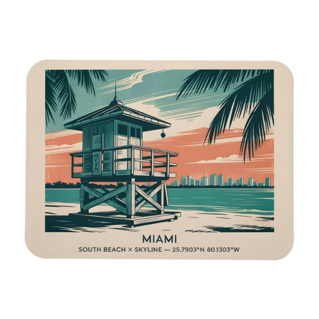 Ímã Miami Florida Travel South Beach Minimalist Retro (Horizontal)