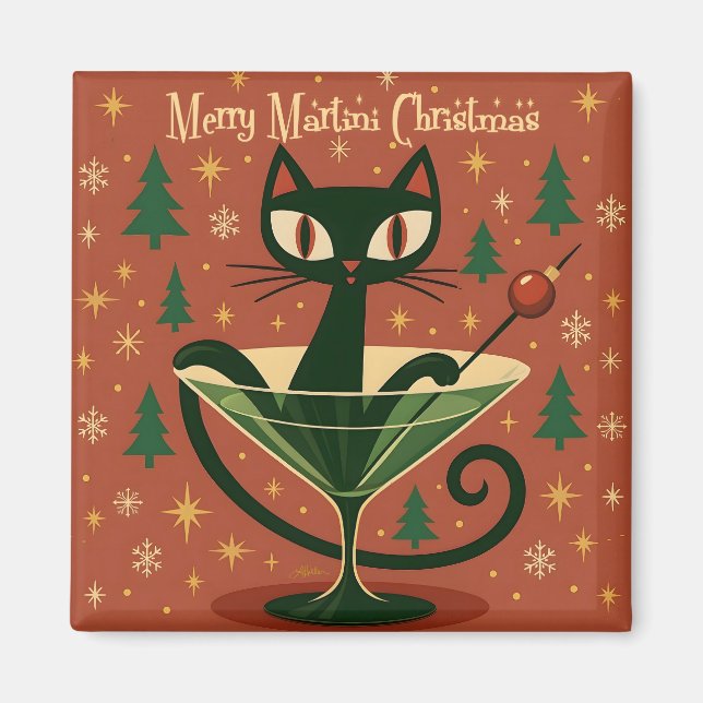 Imã Mid Century Black Cat Merry Martini Christmas (Frente)