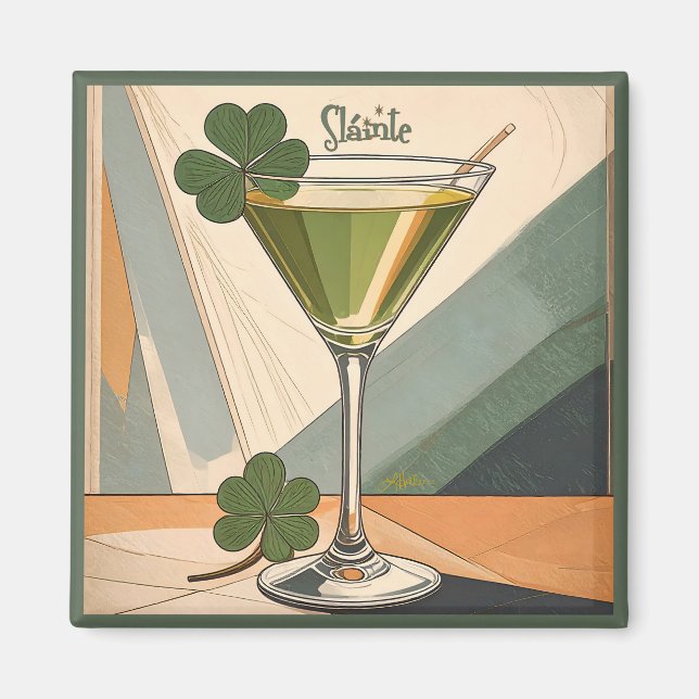 Imã Mid Century Modern Art Shamrock Martini Sláinte!  (Frente)