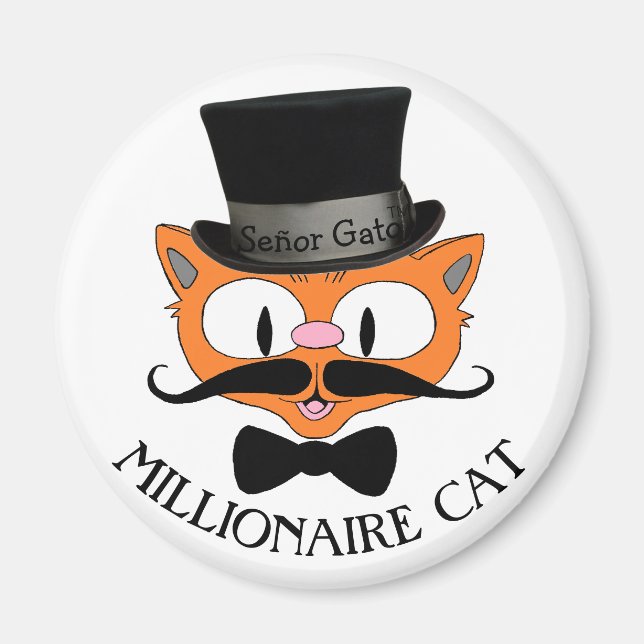 Imã MILLIONAIRE CAT Mustache Cat com chapéu superior (Frente)