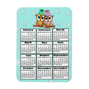 Ímã Mini Calendário 2020 - Casal Coruja Teal Snowflak
