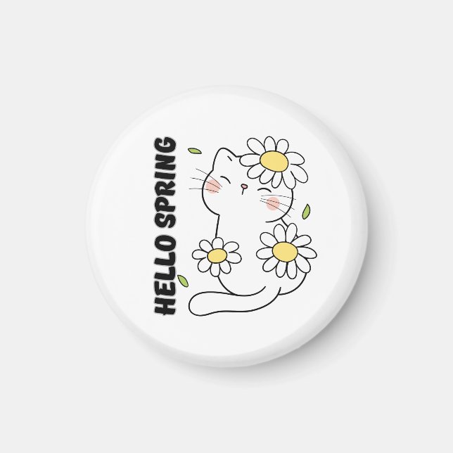 Imã Minimalist Aesthetic Hello Spring Cat & Daisy  (Frente)