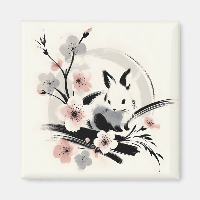 Imã Minimalist Zen Ink Bunny Cherry Blossoms (Frente)