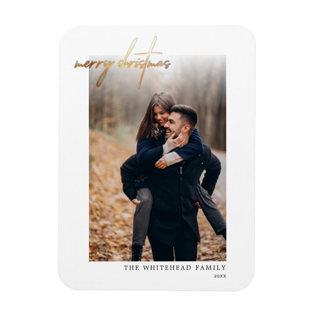 Ímã Mínimo Dourado Cartão de Natal de Feliz Branco (Vertical)