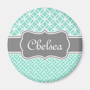 Imã Mint Greek Key and Circle Patterns Grey Name