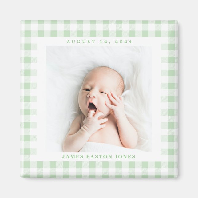 Imã Mint Green Gingham Check Baby Birthdate Magnet (Frente)
