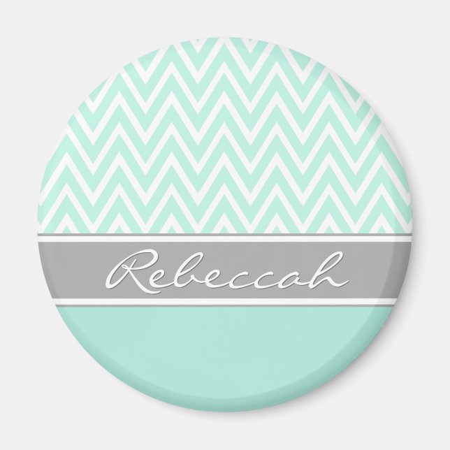Imã Mint Green White Chevron Zigzag - Nome da Cinza do (Frente)