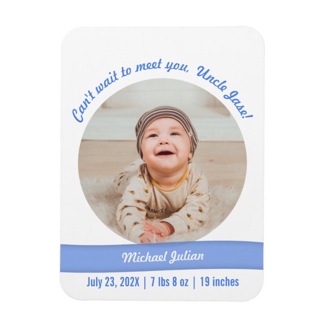Ímã Modern Baby Boy Photo Birth Announcement Uncle (Vertical)