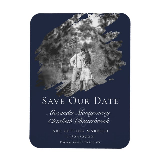 Ímã Modern Brushstroke Photo Save the Date Navy Blue (Vertical)
