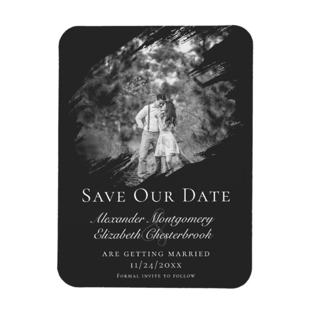 Ímã Modern Brushstroke Photo Save the Date Soft Black (Vertical)
