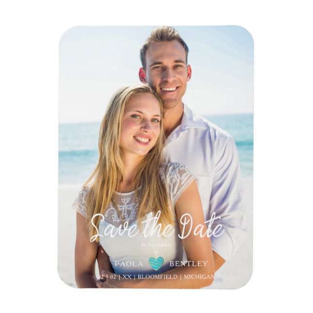 Ímã Modern Chic Turquoise Heart Photo Couple Save Date (Vertical)