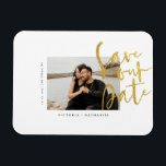 Ímã Modern Gold Wedding Photo Save The Date<br><div class="desc">Design features your awesome photo with Save The Date phrase in a modern gold script.  Easily customize with important information of choice.  Will compliment any modern wedding theme,  and any season.</div>