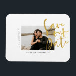 Ímã Modern Gold Wedding Photo Save The Date<br><div class="desc">Design features your awesome photo with Save The Date phrase in a modern gold script.  Easily customize with important information of choice.  Will compliment any modern wedding theme,  and any season.</div>