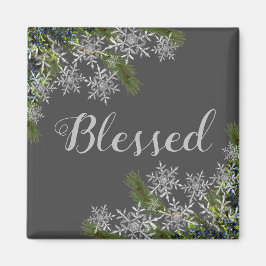 Imã Modern Gray Blessed Snowflake & Pine Winter Magnet