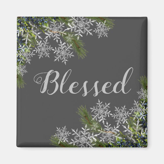 Imã Modern Gray Blessed Snowflake & Pine Winter Magnet (Frente)