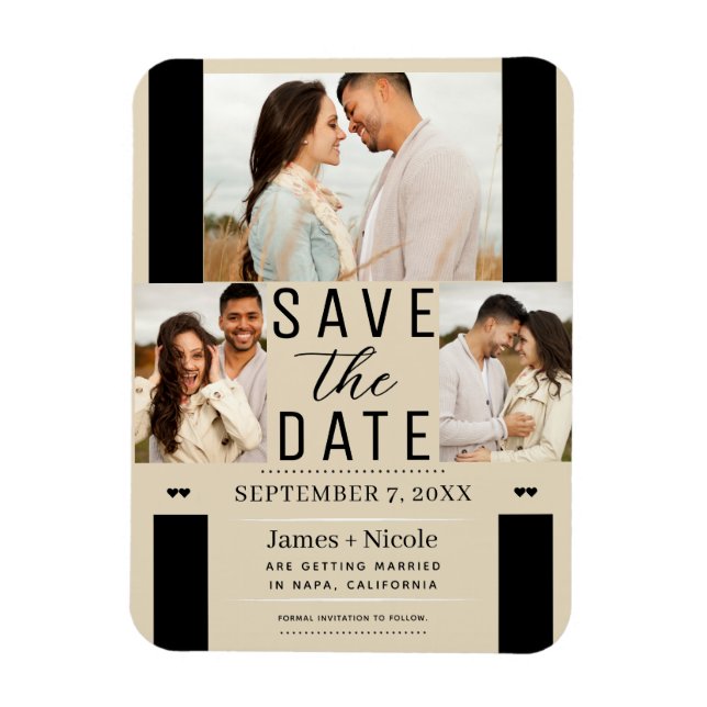 Ímã Modern Light Tan Save the Date 3 Photo Wedding (Ca (Vertical)