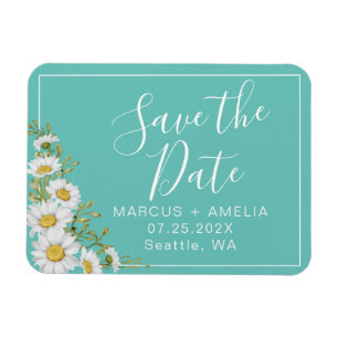Ímã Modern Light Teal & White Daisies Salva A Data