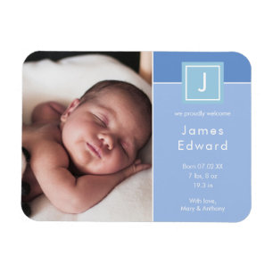Ímã Modern Monogram Photo Baby Boy Birth Announcement