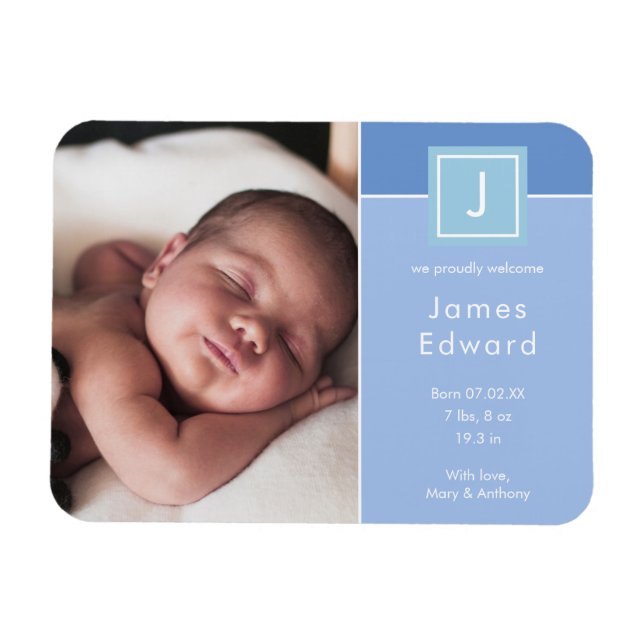 Ímã Modern Monogram Photo Baby Boy Birth Announcement (Horizontal)