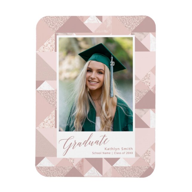 Ímã Modern Pink Glitter Script Graduation Girl Photo (Vertical)