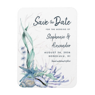 Ímã Modern Watercolor Blue Beach Casamento Salve a Dat