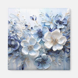 Imã Moderno Botânico Floral Azul Branco Elegante
