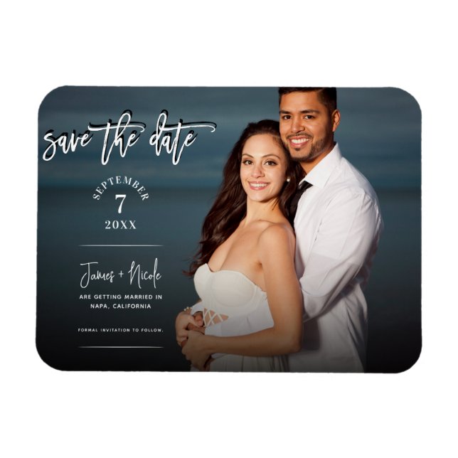 Ímã Moderno Script Foto Save the Date Casamento Tendên (Horizontal)