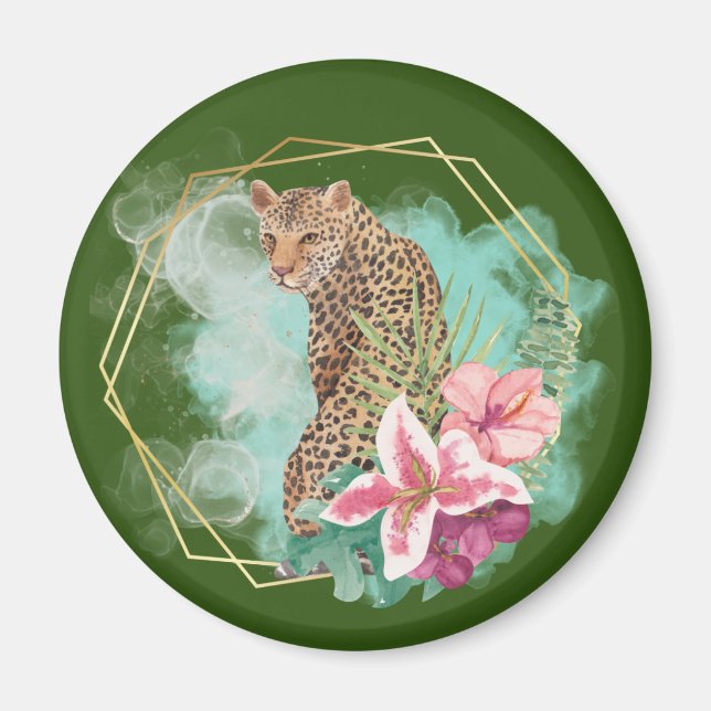 Imã Moldura de leopardo e tropical em aquarela   (Frente)