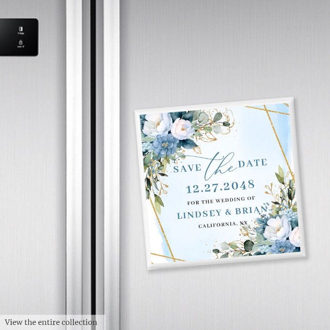 Imã Moldura Dourada Azul Chic Dusty Floral Salve o Dia (Chic Dusty Blue Gold Frame Floral Save the Date)
