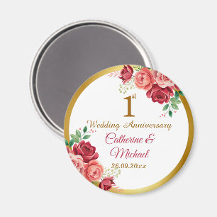 Imã Moldura Dourada de Flores de 1º Aniversário de Cas