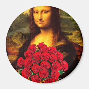 Imã Mona Lisa Com Buquê De Rosa vermelha