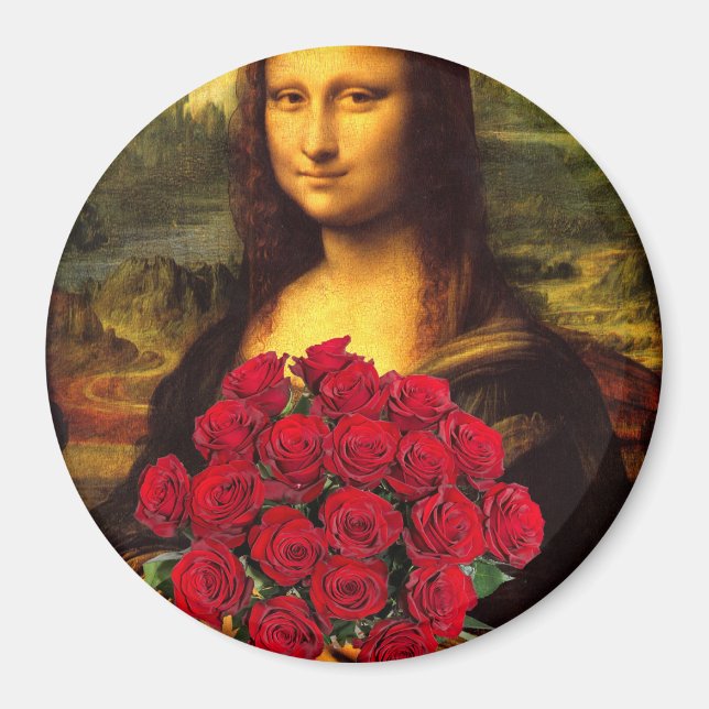 Imã Mona Lisa Com Buquê De Rosa vermelha (Frente)