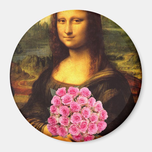 Imã Mona Lisa Com Buquê De Rosas Rosa (Frente)