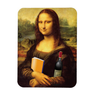Ímã Mona Lisa engraçada com vinho e livro