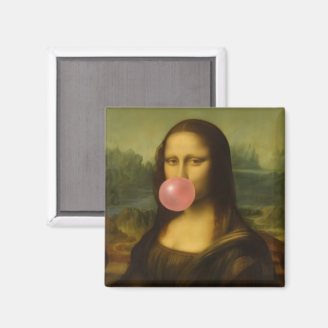 Imã Mona Lisa Piscando Goma-Bolha Rosa (Front/Back)