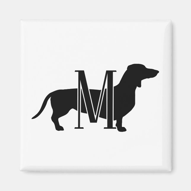 Imã Monogram Initial Black & White Doxie Silhouette  (Frente)